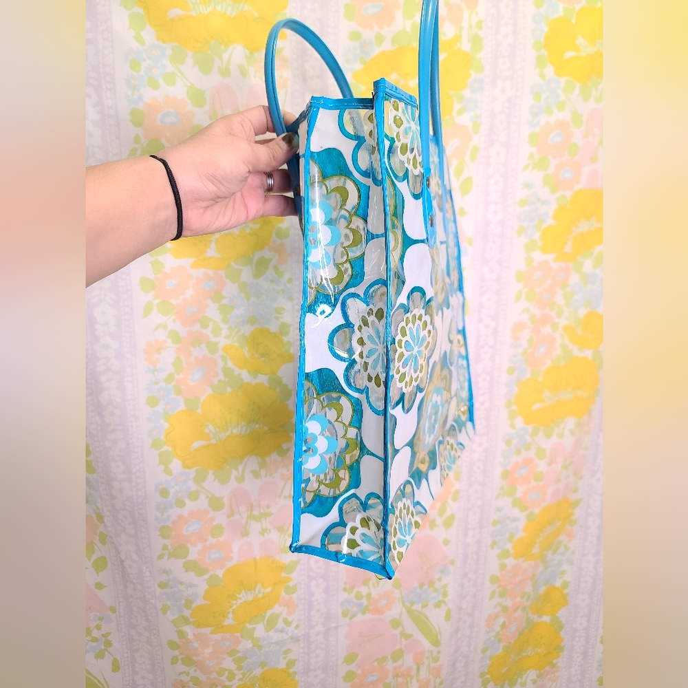 Vintage 70s retro vinyl beach bag/book bag  avocado green flower print - Picture 2 of 7